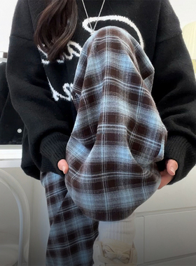 复古蓝色格子裤女装秋款宽松慵懒风大码胖mm显瘦休闲垂感阔腿裤子