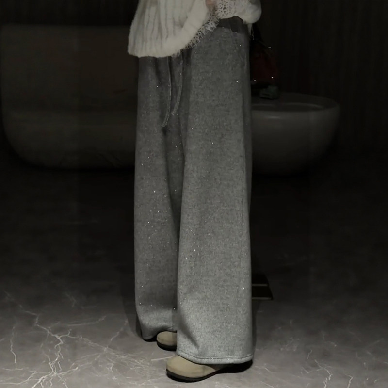 灰色休闲闪钻运动加绒裤子大码女款阔腿梨形报恩裤今年流行梧桐裤,女装/女士精品,大码裤装,淘宝优惠券,粉丝福利购,淘宝优惠卷