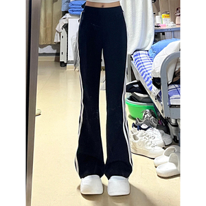 竖条纹女裤设计感小众黑色微喇叭休闲裤大码胖mm显瘦梨形运动卫裤