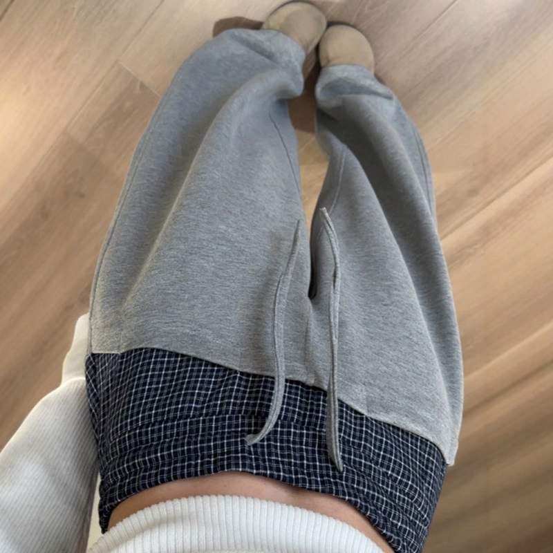 美式格雷系灰色格子拼接弯刀运动裤女春季大码阔腿独特超好看裤子,女装/女士精品,大码裤装,淘宝优惠券,粉丝福利购,淘宝优惠卷