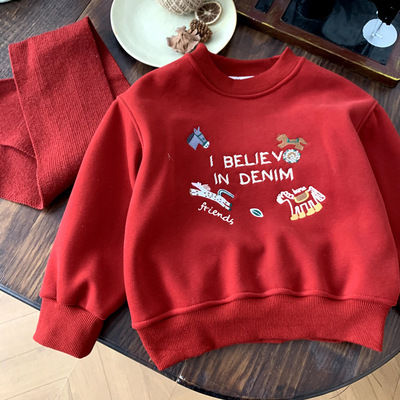 拜年服装男童加绒加厚卫衣红色中大童2025新款儿童秋冬款内搭上衣