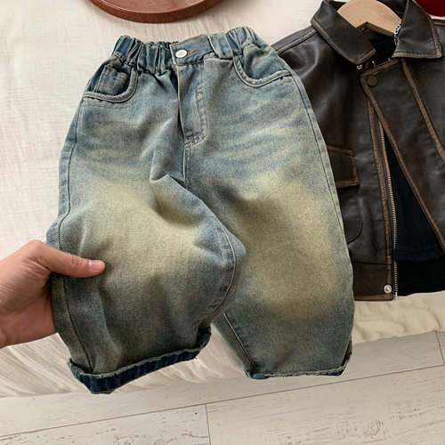 男童复古蓝直筒牛仔裤韩版潮春秋款儿童百搭裤子女童洋气男孩长裤