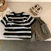 套装 男童短袖 衣服男孩棉质宝宝童装 儿童条纹印花圆领夏装 t恤新款