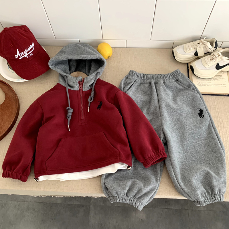 儿童运动套装2025韩版男女童连帽刺绣连帽卫衣卫裤休闲两件套春秋