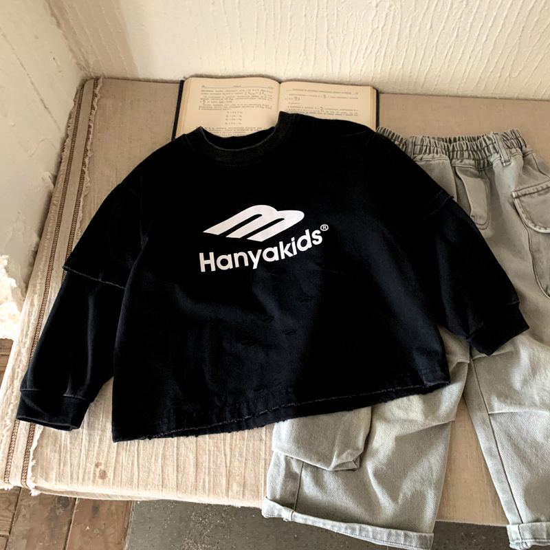 儿童长袖t恤2025新款韩版男童秋装做旧字母百搭打底衫宝宝上衣潮