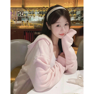 春秋款粉色开衫连帽卫衣女款2026新款宽松秋冬加绒中长款上衣外套