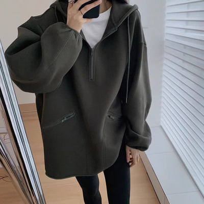 春秋款灰绿色连帽卫衣女