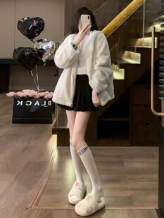 杏色羊羔绒秋冬加绒加厚外套卫衣女款2026新款爆款连帽中长款上衣