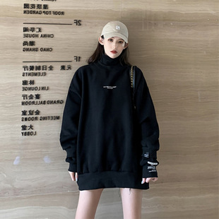春秋款黑色半高领卫衣女款2026新款爆款秋冬季宽松中长款外套上衣