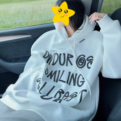 白色长袖连帽卫衣女款2025新款爆款秋冬加绒宽松中长款遮屁股上衣