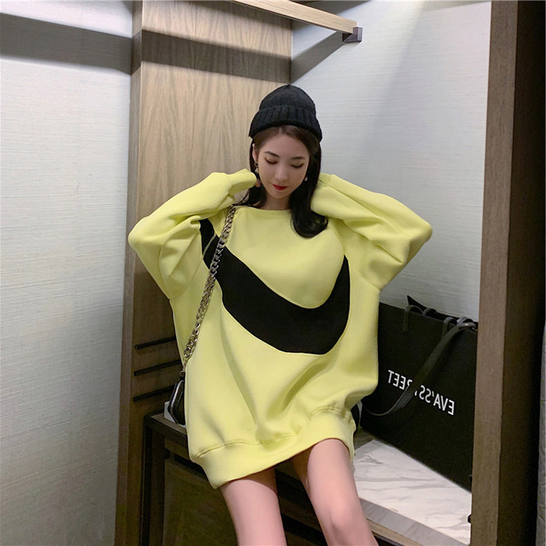 荧光绿圆领卫衣女中长款遮臀上衣