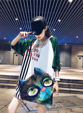 夏季新款短袖宽松中长款时尚流行白色t恤女欧货大版心机小众亮片