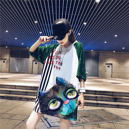 夏季新款短袖宽松中长款时尚流行白色t恤女欧货大版心机小众亮片