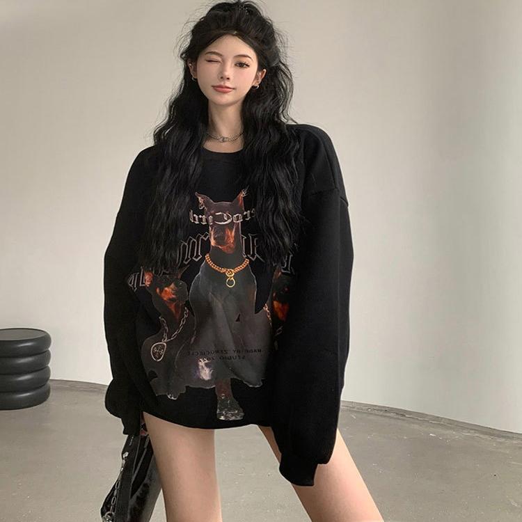 美式复古圆领薄款卫衣女2026新款秋冬季加绒宽松中长款外套上衣