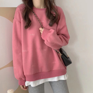粉色修身假两件加绒美式复古卫衣女oversize潮牌中长款遮屁股外套