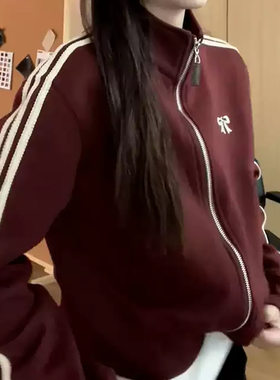美式运动立领拉链加绒卫衣女