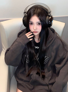 深灰色秋冬加绒连帽卫衣女2023新款时尚高级感宽松中长款上衣外套