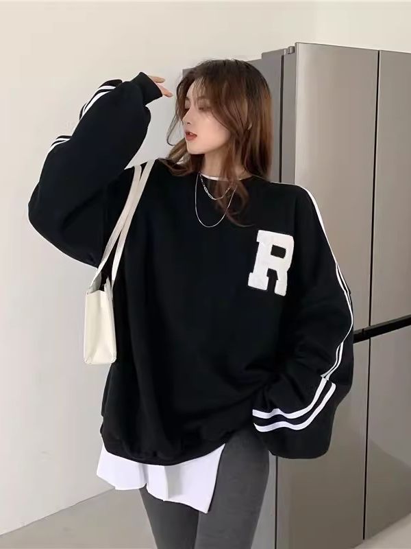 黑色春秋薄款圆领卫衣女2026新款爆款宽松中长款秋冬加绒外套上衣