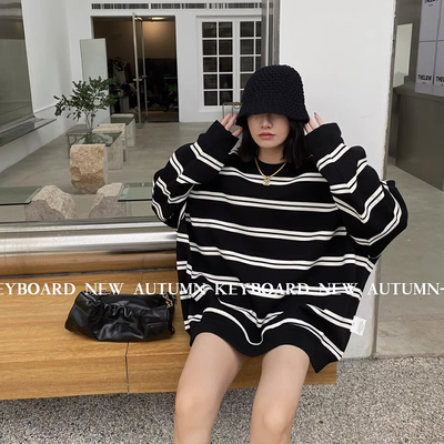黑白条纹春秋款百搭卫衣女