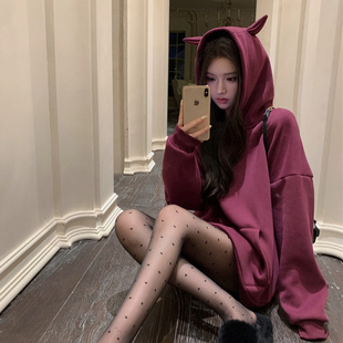 小恶魔连帽紫色卫衣女2026新款加绒加厚慵懒风宽松长袖中长款上衣