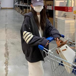 薄款连帽开衫外套卫衣女2026新款秋冬季加绒加厚中长款遮屁股上衣