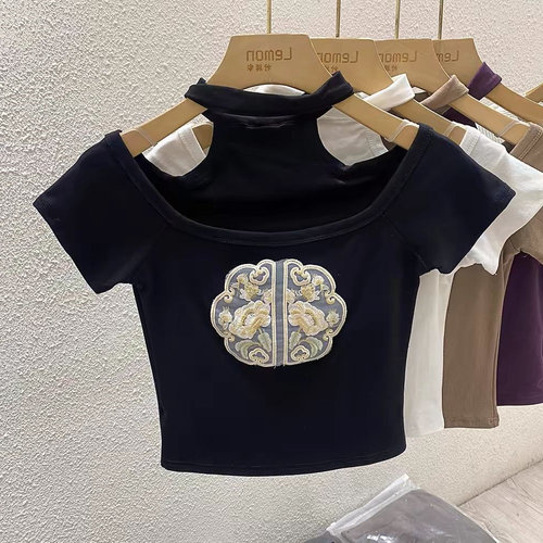 女夏季刺绣设计感新中式辣妹上衣短款挂脖一字肩小众性感短袖T恤