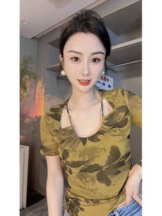 欧货女款挂脖子上衣印花短袖网纱t恤女夏装洋气2026新款半袖