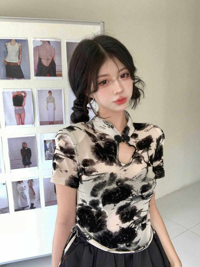 新中式轻国风改良上衣禅意风女装复古辣妹抽绳收腰短装衬衫女夏季
