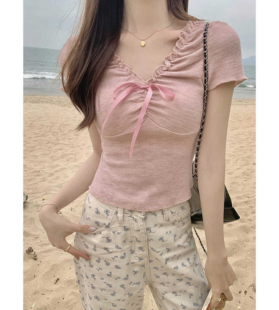 系带夏季V领短款木耳边小众图片