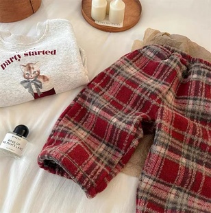 儿童裤子2023冬新款男童格子加厚加绒休闲裤女童洋气红色毛呢裤潮