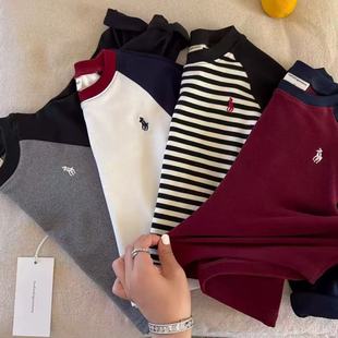 儿童澳绒打底衫 T恤男秋冬款 小童撞色插肩袖 条纹潮宝宝女加绒 长袖