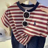 儿童短袖 洋气休闲上衣棉质 女童条纹男童宝宝夏季 T恤2024夏装 新款