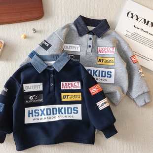 女加绒 潮洋气小童套头衫 儿童外套男机车风秋冬新款 宝宝字母POLO衫