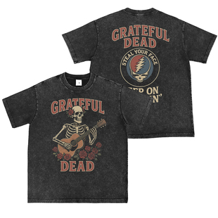 Grateful Dead乐队直喷水洗做旧复古灰美式街头朋克摇滚短袖T恤