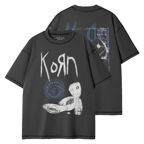 Korn摇滚乐队复古美式街头圆领双纱棉T恤衫宽松男女休闲明线结构t