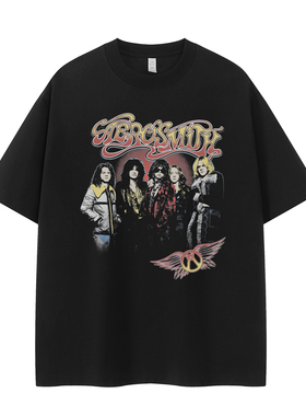 Aerosmith乐队复古人像印花设计感美式街头vtg落肩摇滚短袖T恤衫
