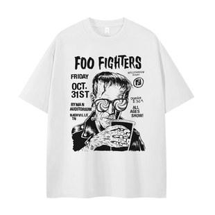 Foo Fighters乐队复古美式街头嘻哈朋克vtg落肩宽松摇滚短袖T恤衫