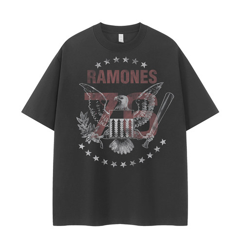 RAMONES雷蒙斯乐队复古美式街头vtg落肩宽松纯棉圆领摇滚短袖T恤