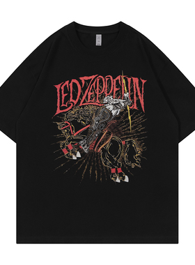 Led Zeppelin乐队复古美式街头vtg落肩宽松纯棉圆领摇滚短袖T恤衫