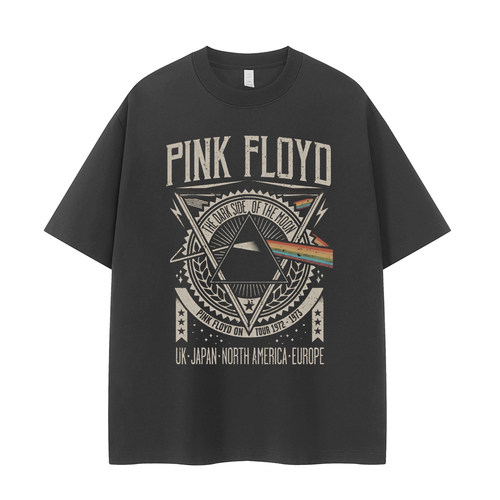 PINK FLOYD乐队复古美式街头vtg落肩宽松纯棉圆领摇滚短袖T恤衫黑