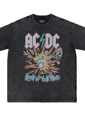 ACDC数码直喷水洗做旧复古美式街头朋克摇滚乐队长袖宽松短袖T恤