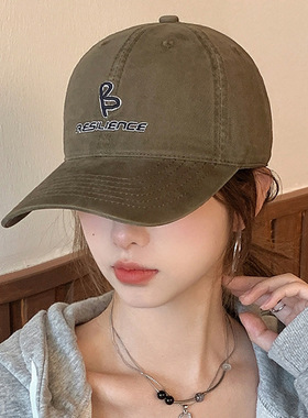 日系S刺绣字母春秋季新款水洗棉复古弯檐男女百搭遮阳硬顶棒球帽