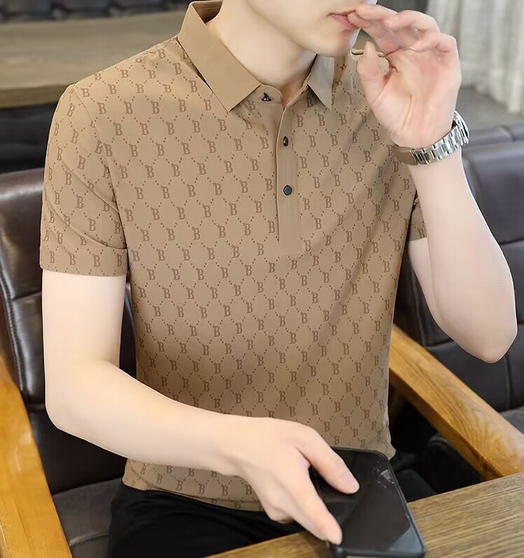 NEW SUMMER HIGH-END B LETTER PRINT SHORT SLEEVE T-SHIRT MENS THIN STRETCH ICE SILK SEAMLESS LAPEL POLO SHIRT T-SHIRT