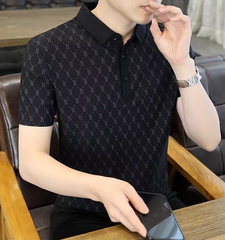 NEW SUMMER HIGH-END B LETTER PRINT SHORT SLEEVE T-SHIRT MENS THIN STRETCH ICE SILK SEAMLESS LAPEL POLO SHIRT T-SHIRT