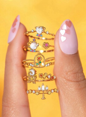 跨境爆款欧美童话美女与野兽小公主戒指小众设计彩色锆石指环女