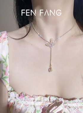 小众高级感锆石蝴蝶项链女ins简约温柔气质锁骨颈链流苏长款吊坠
