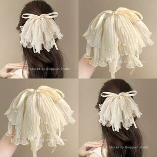 流光蓝~冰蓝色蝴蝶结珍珠抓夹女高级感飘带马尾半扎发绳旅行发卡