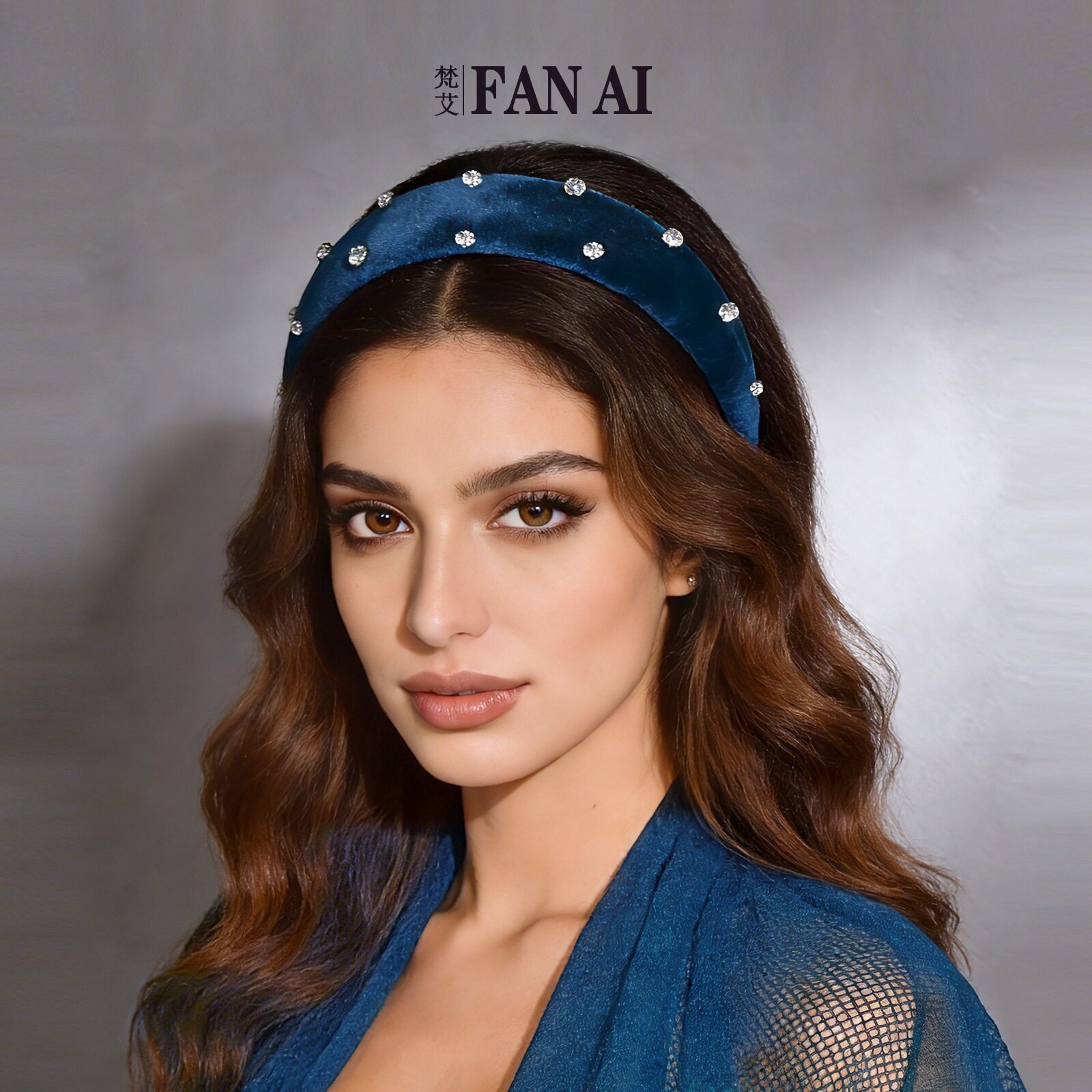 梵艾 华丽墨蓝色丝绒女士发箍 幻彩水晶海绵头饰压碎发显脸小SA17