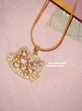 金店同款满钻TK猫吊坠项链戒指粉色蝴蝶结kitty猫咪头锁骨链轻奢