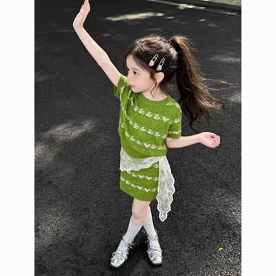 韩版女童2026夏季新款绿色碎花针织套装小女孩薄款短袖上衣半身裙